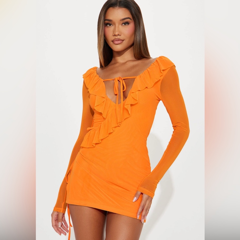 Orange Fashion Nova mini dress with mesh sleeves